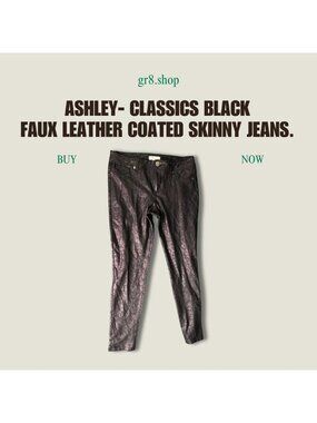 ASHLEY-CLASSICS Black Faux Leather Coated Skinny Jeans Size M Stylish Mid-Rise D